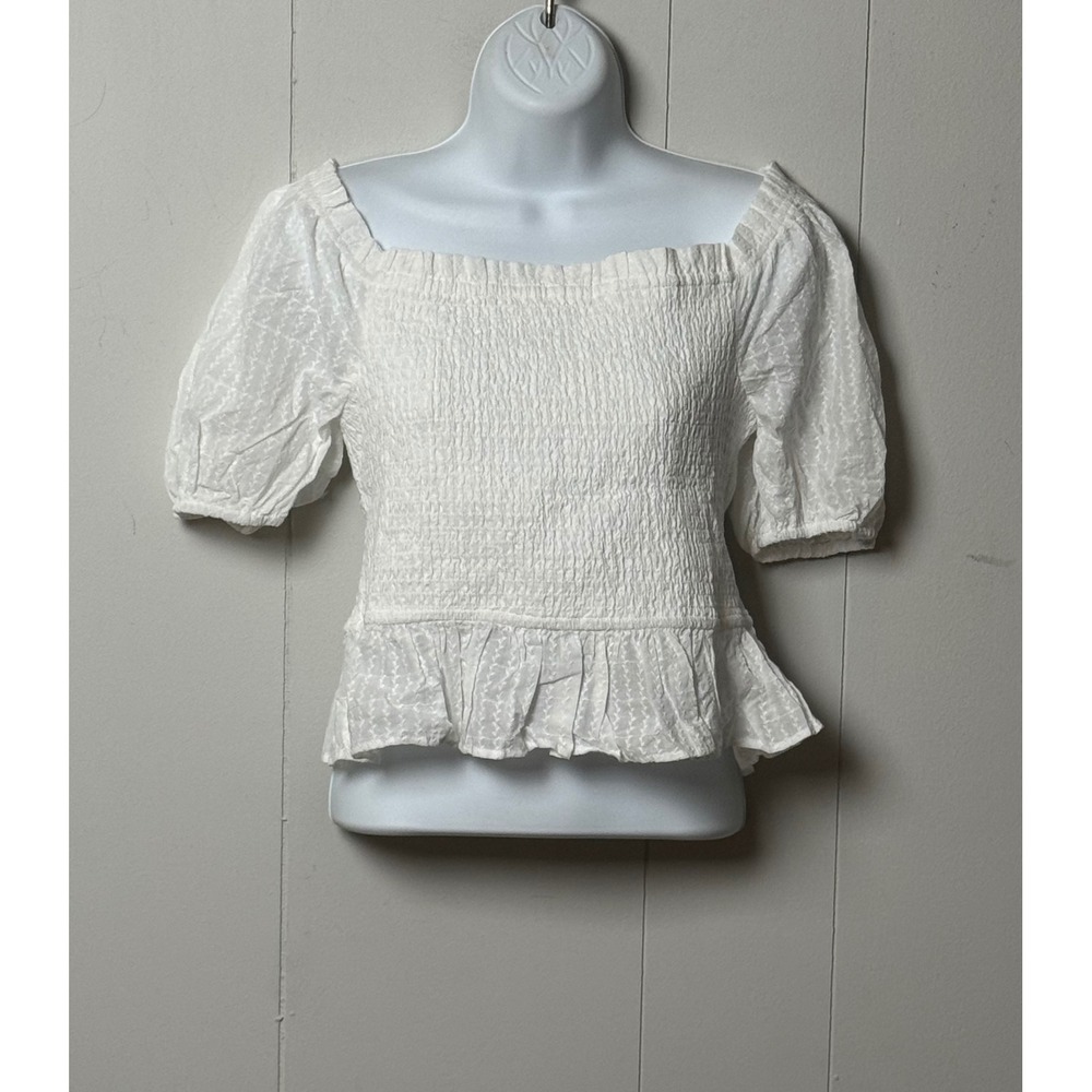 NWT Lost + Wander Women's White Smocked Puff Sleeve Ruffle Hem Top Size Large